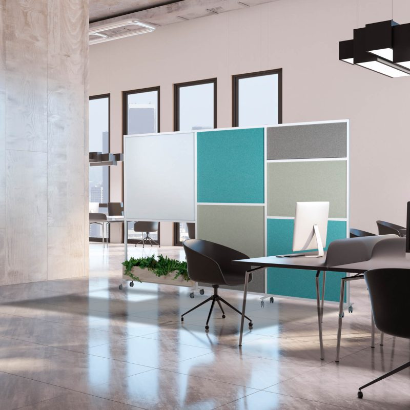 Perspective view on light wooden wall in spacious coworking office with black furniture, city view from windows, high ceiling and glossy floor. 3D rendering